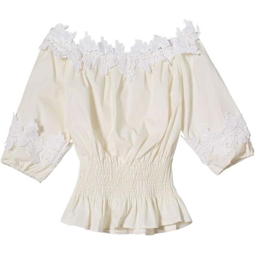 Style Mafia Blouse Womens M White Off-The-Shoulder Lace Smocked KL674 Boho Top